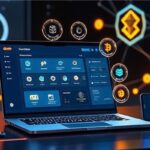 Futuristic workspace showing a laptop screen with a cryptocurrency software wallet dashboard featuring various crypto icons. Floating digital symbols of Bitcoin, Ethereum, and other cryptocurrencies surround the setup. A smartphone displays additional wallet features. The background has a glowing blockchain network design, emphasizing security and innovation in managing crypto in 2025.