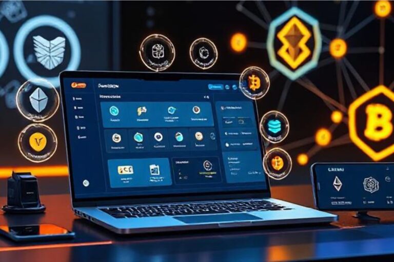 Futuristic workspace showing a laptop screen with a cryptocurrency software wallet dashboard featuring various crypto icons. Floating digital symbols of Bitcoin, Ethereum, and other cryptocurrencies surround the setup. A smartphone displays additional wallet features. The background has a glowing blockchain network design, emphasizing security and innovation in managing crypto in 2025.