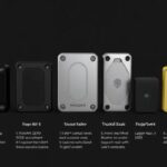 Six different cryptocurrency hardware wallets arranged side by side on a black background, each with its name and features listed below.