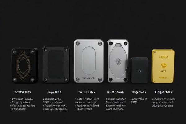 Six different cryptocurrency hardware wallets arranged side by side on a black background, each with its name and features listed below.
