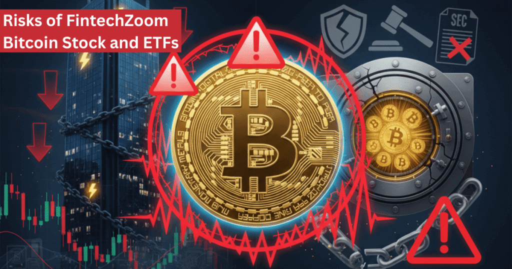 Risks of FintechZoom Bitcoin Stock and ETFs illustrated with warning signs, falling stock charts, and a Bitcoin coin surrounded by caution symbols and SEC regulation icons.