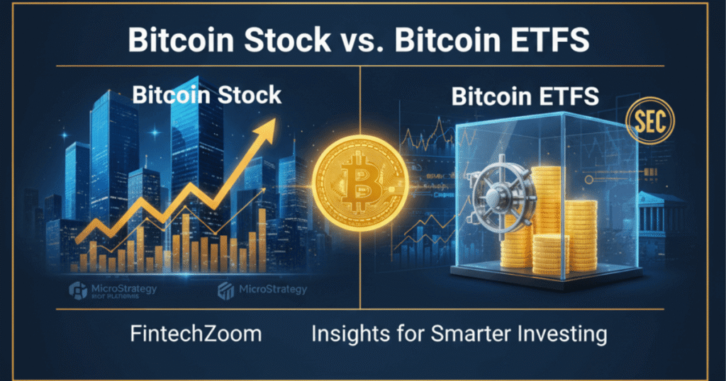 Comparison of Bitcoin Stock vs Bitcoin ETFs showing rising stock market chart on left and secure vault of Bitcoin coins on right, representing FintechZoom insights for smarter investing.